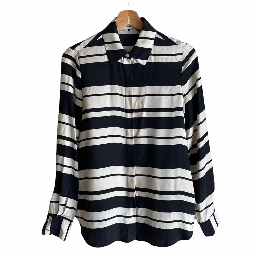 FRAME Black Beige Stripe 100% Silk Button Up Shirt
